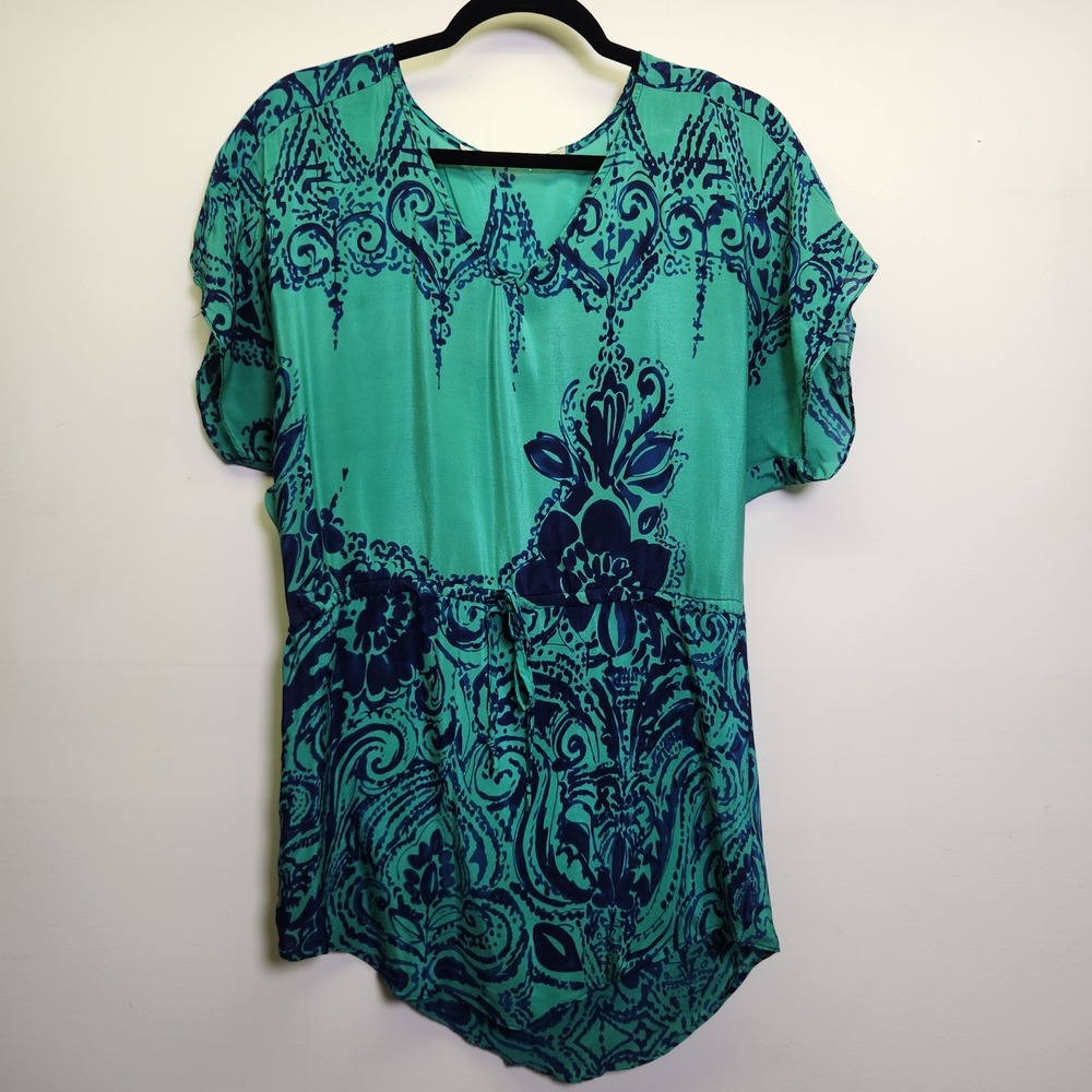Gibson 100% Silk Tunic Blouse Med Self Cinch Tie Waist Short sleeve V-neck